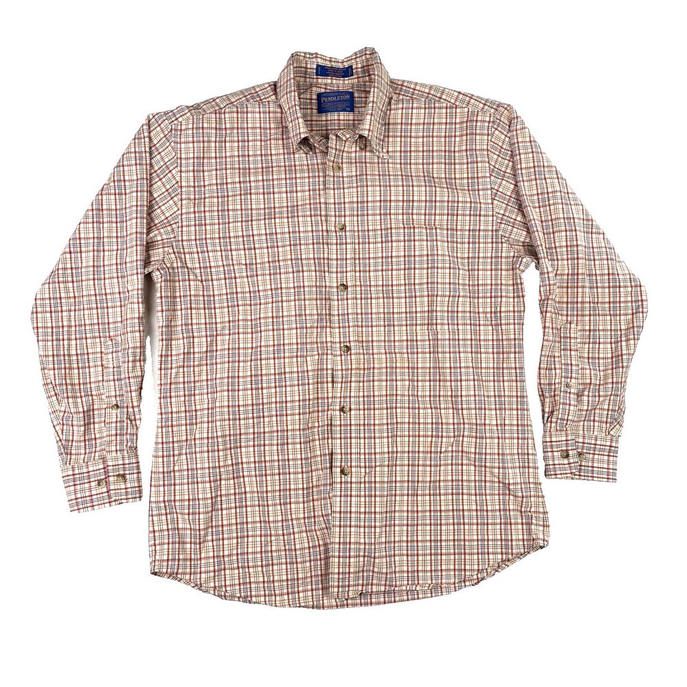 Pendleton Button Down‎ Shirt Mens Medium Red Tan Plaid Wrinkle Resistant